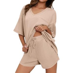 imageDokotoo Womens 2 Piece Loungewear Sets Casual Short Sleeve Womens Tops Drawstring Shorts Pants Waffle Knit SetsParchment