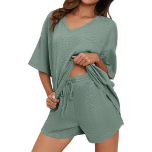 imageDokotoo Womens 2 Piece Loungewear Sets Casual Short Sleeve Womens Tops Drawstring Shorts Pants Waffle Knit SetsSmoke Green