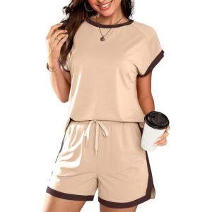 imageDokotoo Womens 2 Piece Outfits Casual Colorblock Short Sleeve Pullover Tops and Drawstring Shorts Pants Lounge SetsApricot