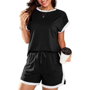 imageDokotoo Womens 2 Piece Outfits Casual Colorblock Short Sleeve Pullover Tops and Drawstring Shorts Pants Lounge SetsBlack