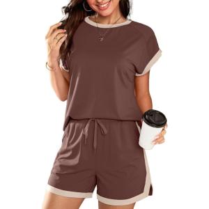 imageDokotoo Womens 2 Piece Outfits Casual Colorblock Short Sleeve Pullover Tops and Drawstring Shorts Pants Lounge SetsCoffee
