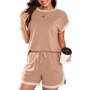 imageDokotoo Womens 2 Piece Outfits Casual Colorblock Short Sleeve Pullover Tops and Drawstring Shorts Pants Lounge SetsSmoke Gray
