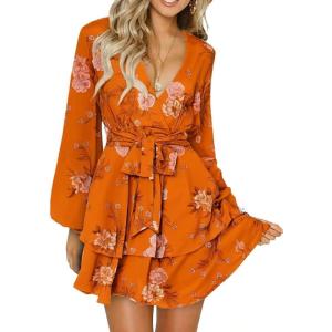 imageDokotoo Womens 2024 Summer Spring V Neck Ruffle Chiffon Elegant Tie Knot Mini Short Swing Skater Dresses1 Orange