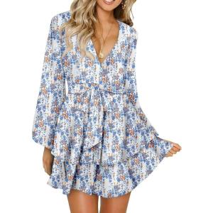 imageDokotoo Womens 2024 Summer Spring V Neck Ruffle Chiffon Elegant Tie Knot Mini Short Swing Skater Dresses1 White