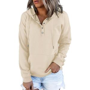 imageDokotoo Womens 2025 Hoodies Button Collar Drawstring Hooded Pullover Sweatshirt Casual Long Sleeve Tops ShirtsApricot