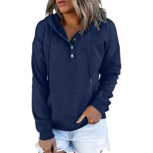 imageDokotoo Womens 2025 Hoodies Button Collar Drawstring Hooded Pullover Sweatshirt Casual Long Sleeve Tops ShirtsBlue
