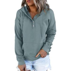 imageDokotoo Womens 2025 Hoodies Button Collar Drawstring Hooded Pullover Sweatshirt Casual Long Sleeve Tops ShirtsGray 2