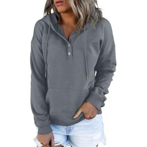 imageDokotoo Womens 2025 Hoodies Button Collar Drawstring Hooded Pullover Sweatshirt Casual Long Sleeve Tops ShirtsGray