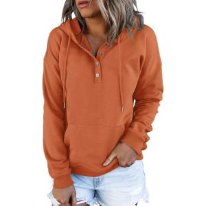 imageDokotoo Womens 2025 Hoodies Button Collar Drawstring Hooded Pullover Sweatshirt Casual Long Sleeve Tops ShirtsOrange