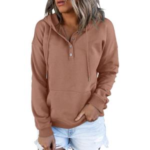 imageDokotoo Womens 2025 Hoodies Button Collar Drawstring Hooded Pullover Sweatshirt Casual Long Sleeve Tops ShirtsPink 2
