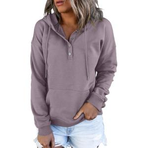 imageDokotoo Womens 2025 Hoodies Button Collar Drawstring Hooded Pullover Sweatshirt Casual Long Sleeve Tops ShirtsPurple