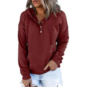 imageDokotoo Womens 2025 Hoodies Button Collar Drawstring Hooded Pullover Sweatshirt Casual Long Sleeve Tops ShirtsRed