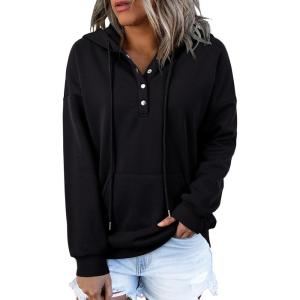imageDokotoo Womens 2025 Hoodies Button Collar Drawstring Hooded Pullover Sweatshirt Casual Long Sleeve Tops ShirtsThermal Black
