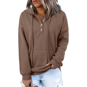 imageDokotoo Womens 2025 Hoodies Button Collar Drawstring Hooded Pullover Sweatshirt Casual Long Sleeve Tops ShirtsThermal Coffee