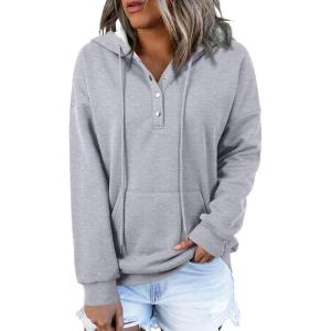 imageDokotoo Womens 2025 Hoodies Button Collar Drawstring Hooded Pullover Sweatshirt Casual Long Sleeve Tops ShirtsThermal Grey