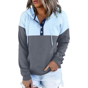 imageDokotoo Womens 2025 Hoodies Button Collar Drawstring Hooded Pullover Sweatshirt Casual Long Sleeve Tops ShirtsX0 Color Block Gray