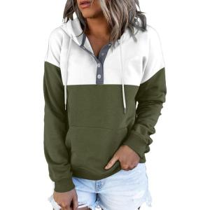 imageDokotoo Womens 2025 Hoodies Button Collar Drawstring Hooded Pullover Sweatshirt Casual Long Sleeve Tops ShirtsX0 Color Block Green