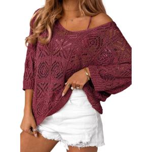 imageDokotoo Womens 2025 Spring Summer Crochet Hollow Out 34 Sleeve Pullover Sweater Off Shoulder TShirtsBurgundy