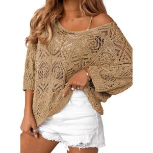 imageDokotoo Womens 2025 Spring Summer Crochet Hollow Out 34 Sleeve Pullover Sweater Off Shoulder TShirtsCamel