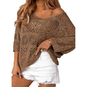 imageDokotoo Womens 2025 Spring Summer Crochet Hollow Out 34 Sleeve Pullover Sweater Off Shoulder TShirtsChestnut