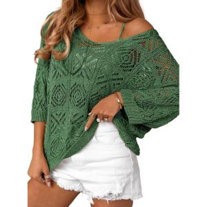 imageDokotoo Womens 2025 Spring Summer Crochet Hollow Out 34 Sleeve Pullover Sweater Off Shoulder TShirtsDark Green