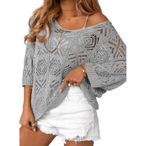 imageDokotoo Womens 2025 Spring Summer Crochet Hollow Out 34 Sleeve Pullover Sweater Off Shoulder TShirtsGray