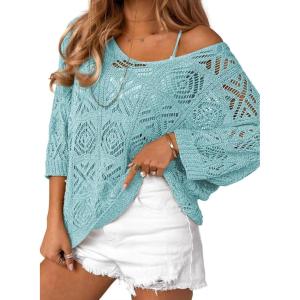 imageDokotoo Womens 2025 Spring Summer Crochet Hollow Out 34 Sleeve Pullover Sweater Off Shoulder TShirtsLight Blue