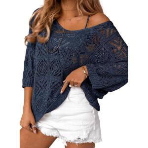 imageDokotoo Womens 2025 Spring Summer Crochet Hollow Out 34 Sleeve Pullover Sweater Off Shoulder TShirtsNavy Blue