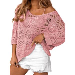 imageDokotoo Womens 2025 Spring Summer Crochet Hollow Out 34 Sleeve Pullover Sweater Off Shoulder TShirtsPink