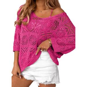 imageDokotoo Womens 2025 Spring Summer Crochet Hollow Out 34 Sleeve Pullover Sweater Off Shoulder TShirtsRose Red