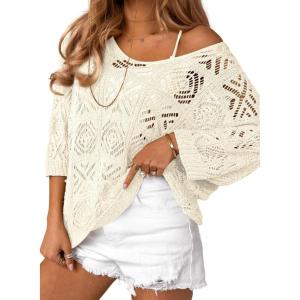 imageDokotoo Womens 2025 Spring Summer Crochet Hollow Out 34 Sleeve Pullover Sweater Off Shoulder TShirtsWhite