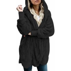 imageDokotoo Womens 2025 Winter Long Sleeve Solid Fuzzy Fleece Open Front Hooded Cardigans Jacket Coats Outerwear with PocketA Black