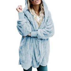 imageDokotoo Womens 2025 Winter Long Sleeve Solid Fuzzy Fleece Open Front Hooded Cardigans Jacket Coats Outerwear with PocketA Blue 2