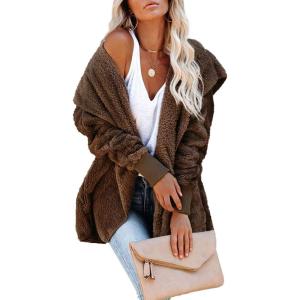 imageDokotoo Womens 2025 Winter Long Sleeve Solid Fuzzy Fleece Open Front Hooded Cardigans Jacket Coats Outerwear with PocketA Brown 2