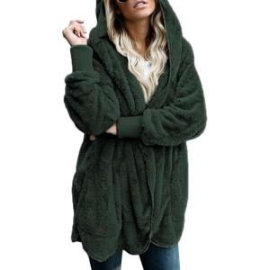 imageDokotoo Womens 2025 Winter Long Sleeve Solid Fuzzy Fleece Open Front Hooded Cardigans Jacket Coats Outerwear with PocketA Green