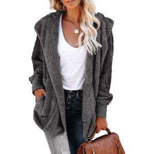 imageDokotoo Womens 2025 Winter Long Sleeve Solid Fuzzy Fleece Open Front Hooded Cardigans Jacket Coats Outerwear with PocketA Grey 2