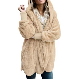 imageDokotoo Womens 2025 Winter Long Sleeve Solid Fuzzy Fleece Open Front Hooded Cardigans Jacket Coats Outerwear with PocketA Khaki