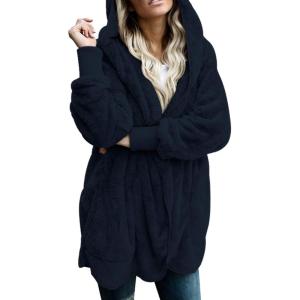 imageDokotoo Womens 2025 Winter Long Sleeve Solid Fuzzy Fleece Open Front Hooded Cardigans Jacket Coats Outerwear with PocketA Navy