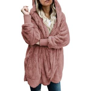 imageDokotoo Womens 2025 Winter Long Sleeve Solid Fuzzy Fleece Open Front Hooded Cardigans Jacket Coats Outerwear with PocketA Pink