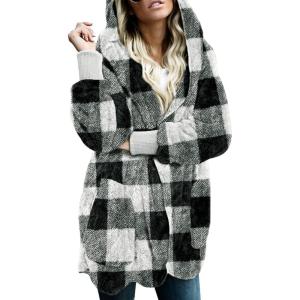 imageDokotoo Womens 2025 Winter Long Sleeve Solid Fuzzy Fleece Open Front Hooded Cardigans Jacket Coats Outerwear with PocketA Plaid Black 2