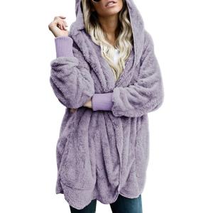 imageDokotoo Womens 2025 Winter Long Sleeve Solid Fuzzy Fleece Open Front Hooded Cardigans Jacket Coats Outerwear with PocketA Purple