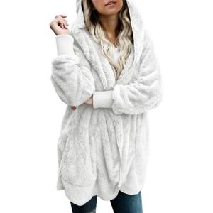 imageDokotoo Womens 2025 Winter Long Sleeve Solid Fuzzy Fleece Open Front Hooded Cardigans Jacket Coats Outerwear with PocketA White