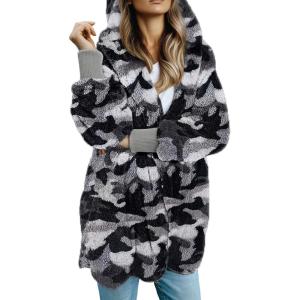 imageDokotoo Womens 2025 Winter Long Sleeve Solid Fuzzy Fleece Open Front Hooded Cardigans Jacket Coats Outerwear with PocketCamo Gray