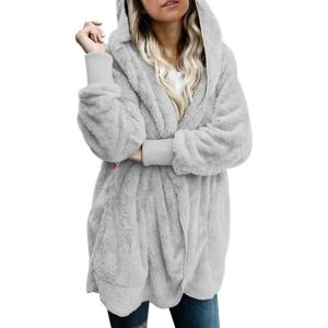 imageDokotoo Womens 2025 Winter Long Sleeve Solid Fuzzy Fleece Open Front Hooded Cardigans Jacket Coats Outerwear with PocketGrey