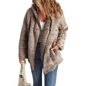 imageDokotoo Womens 2025 Winter Long Sleeve Solid Fuzzy Fleece Open Front Hooded Cardigans Jacket Coats Outerwear with PocketY Brown 2