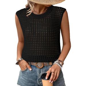 imageDokotoo Womens Casual Crewneck Sleeveless Sweaters Vest Loose Crochet Hollow Out Knit Beach Swimsuit Cover UpsBlack