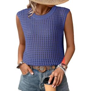 imageDokotoo Womens Casual Crewneck Sleeveless Sweaters Vest Loose Crochet Hollow Out Knit Beach Swimsuit Cover UpsDark Blue