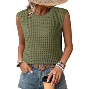 imageDokotoo Womens Casual Crewneck Sleeveless Sweaters Vest Loose Crochet Hollow Out Knit Beach Swimsuit Cover UpsGreen
