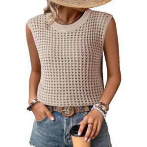 imageDokotoo Womens Casual Crewneck Sleeveless Sweaters Vest Loose Crochet Hollow Out Knit Beach Swimsuit Cover UpsKhaki