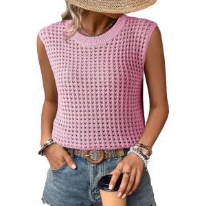 imageDokotoo Womens Casual Crewneck Sleeveless Sweaters Vest Loose Crochet Hollow Out Knit Beach Swimsuit Cover UpsPink
